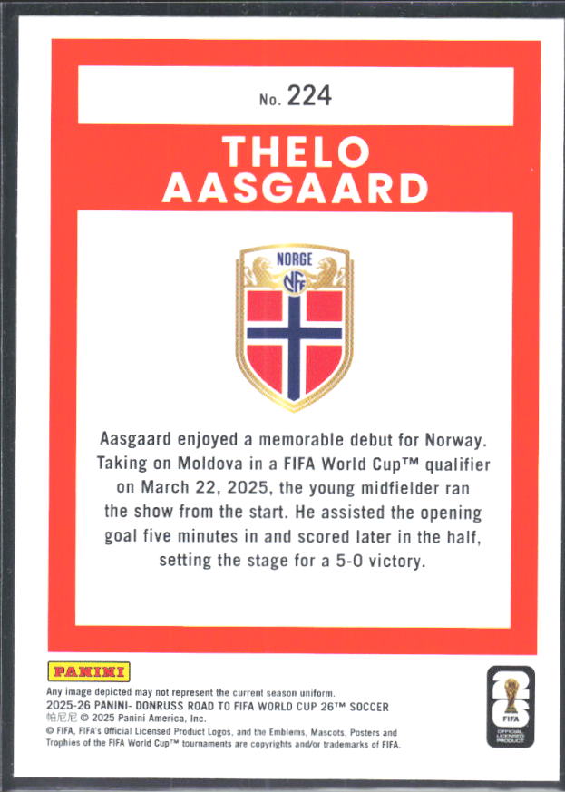 Thelo Aasgaard 2025-26 Donruss Road to FIFA World Cup Rated Rookie #224 – baksida
