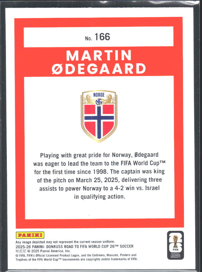 Martin Ødegaard 2025-26 Donruss Road to FIFA World Cup #166 – baksida