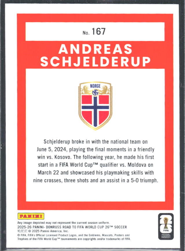 Andreas Schjelderup 2025-26 Donruss Road to FIFA World Cup #167 – baksida