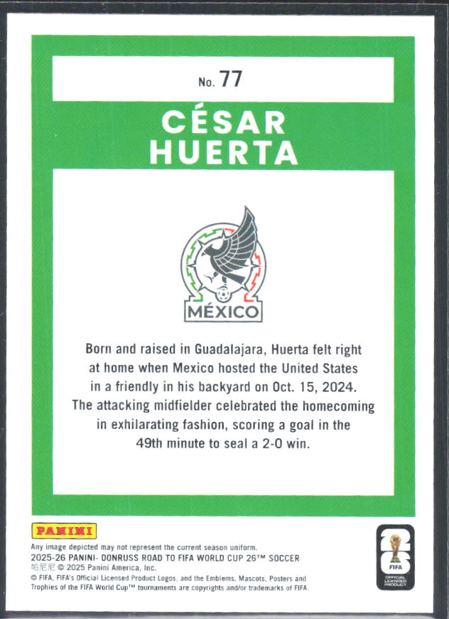 César Huerta 2025-26 Donruss Road to FIFA World Cup #77 – baksida