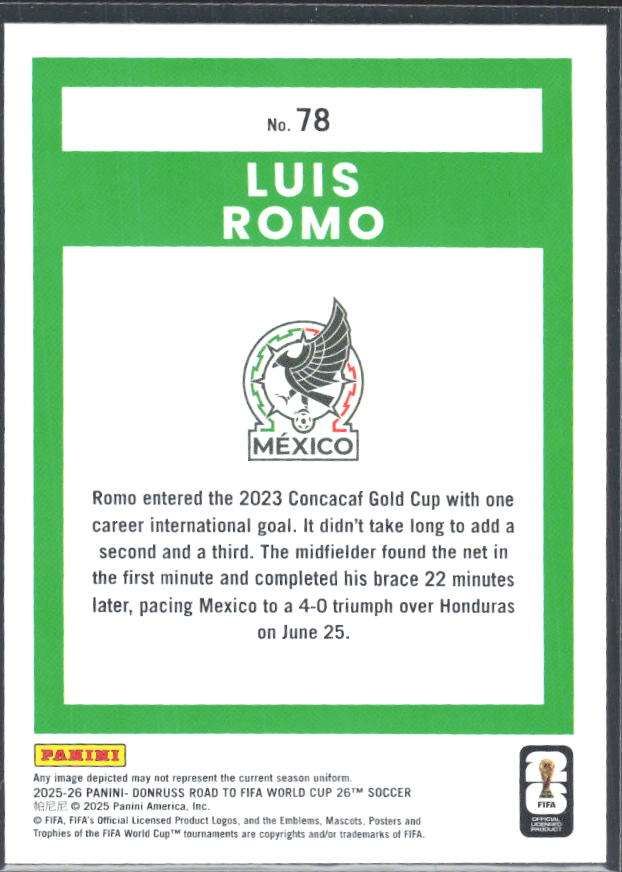 Luis Romo 2025-26 Donruss Road to FIFA World Cup #78 – baksida