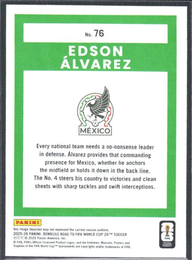 Edson Álvarez 2025-26 Donruss Road to FIFA World Cup #76 – baksida
