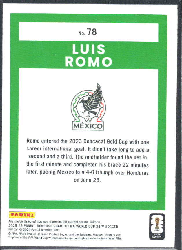 Luis Romo 2025-26 Donruss Road to FIFA World Cup #78 – baksida