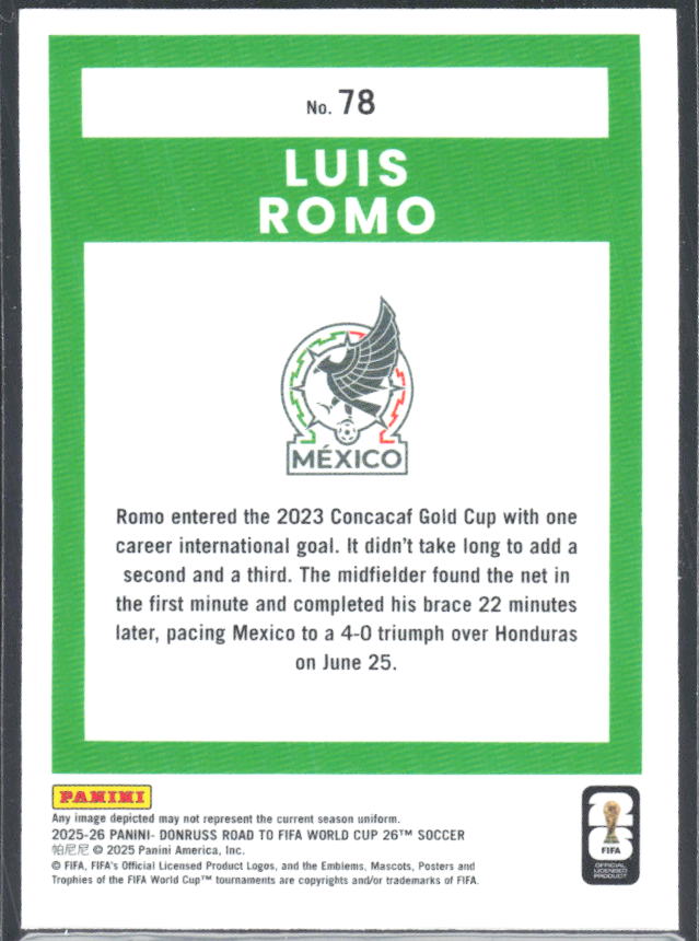Luis Romo 2025-26 Donruss Road to FIFA World Cup Optic #78 – baksida