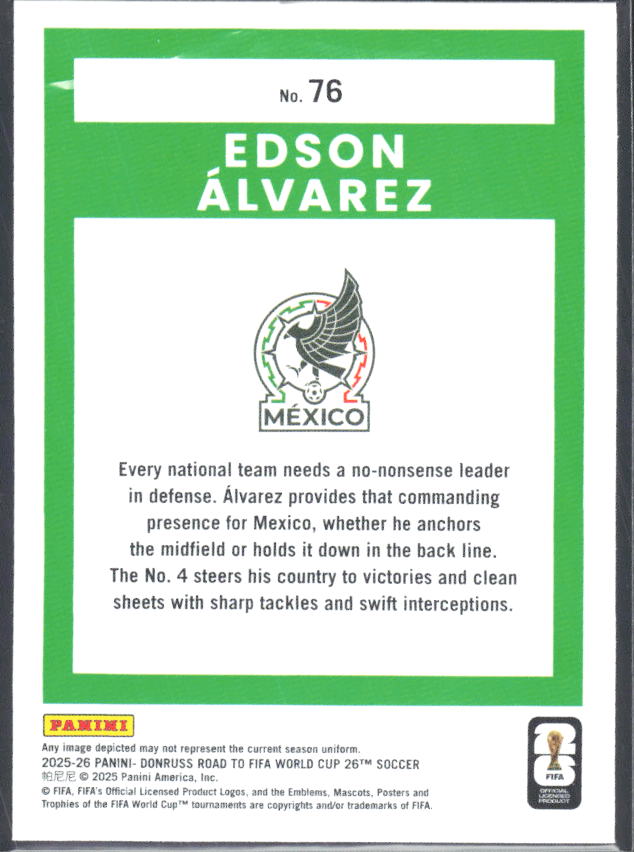 Edson Álvarez 2025-26 Donruss Road to FIFA World Cup #76 – baksida