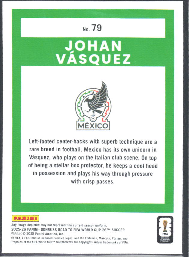 Johan Vásquez 2025-26 Donruss Road to FIFA World Cup #79 – baksida