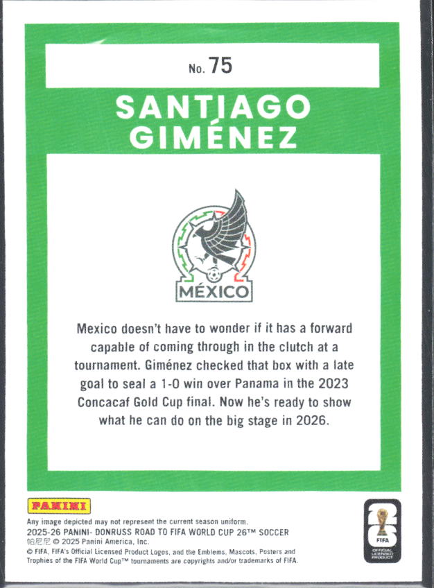 Santiago Giménez 2025-26 Donruss Road to FIFA World Cup #75 – baksida