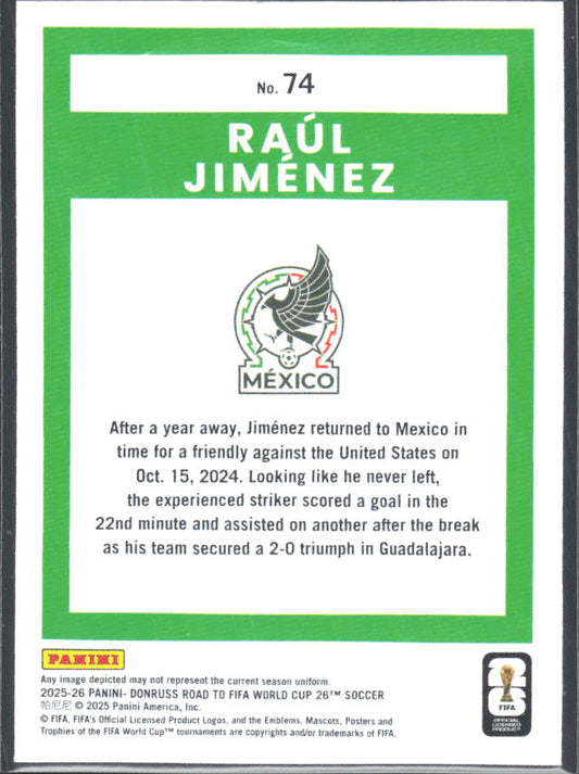 Raúl Jiménez 2025-26 Donruss Road to FIFA World Cup #74 – baksida