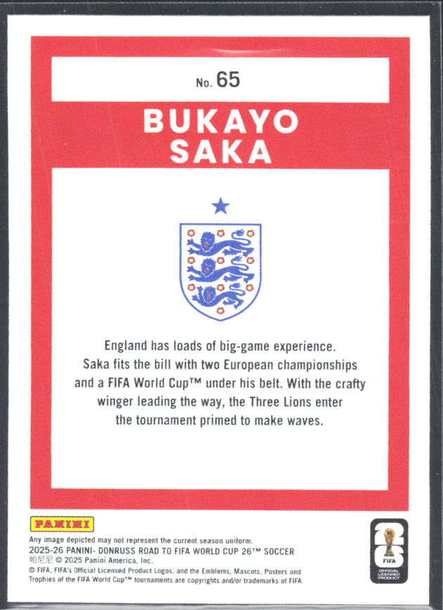 Bukayo Saka 2025-26 Donruss Road to FIFA World Cup #65 – baksida