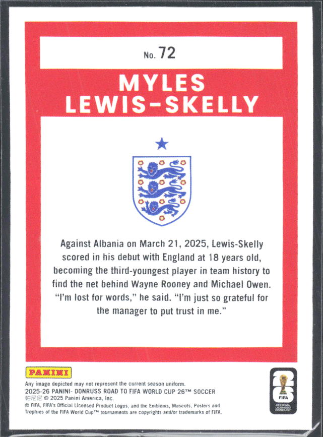 Myles Lewis-Skelly 2025-26 Donruss Road to FIFA World Cup #72 – baksida