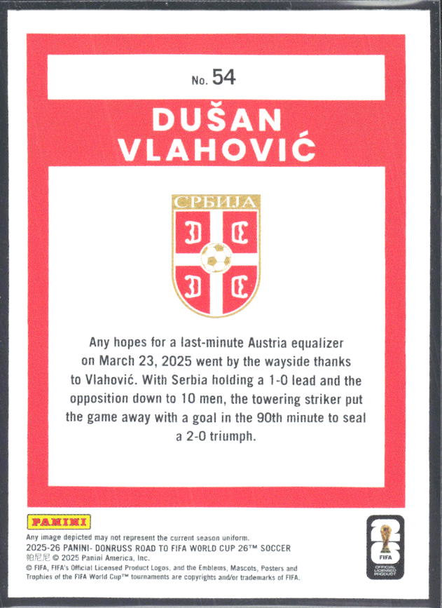Dušan Vlahović 2025-26 Donruss Road to FIFA World Cup #54 – baksida