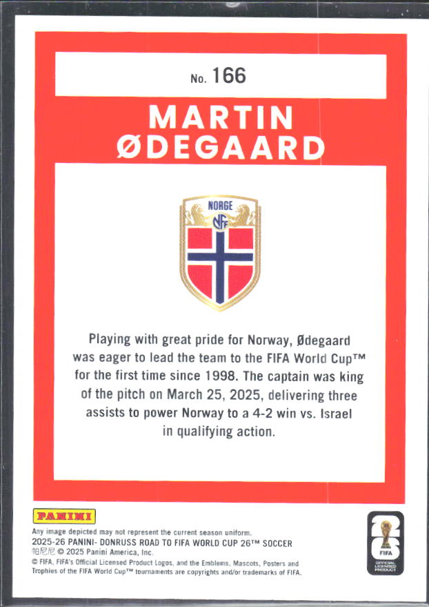 Martin Ødegaard 2025-26 Donruss Road to FIFA World Cup #166 – baksida