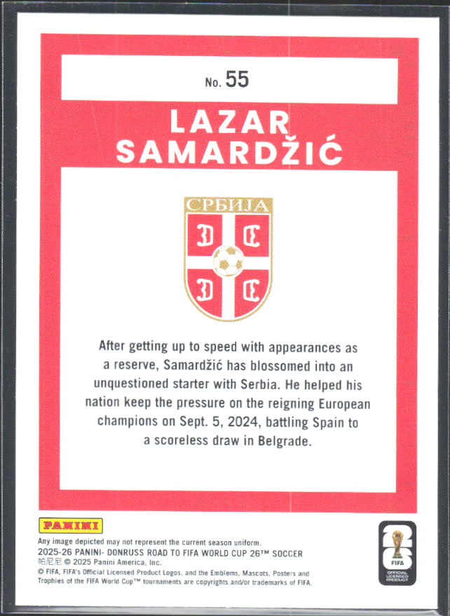 Lazar Samardžić 2025-26 Donruss Road to FIFA World Cup #55 – baksida