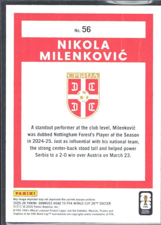 Nikola Milenković 2025-26 Donruss Road to FIFA World Cup #56 – baksida