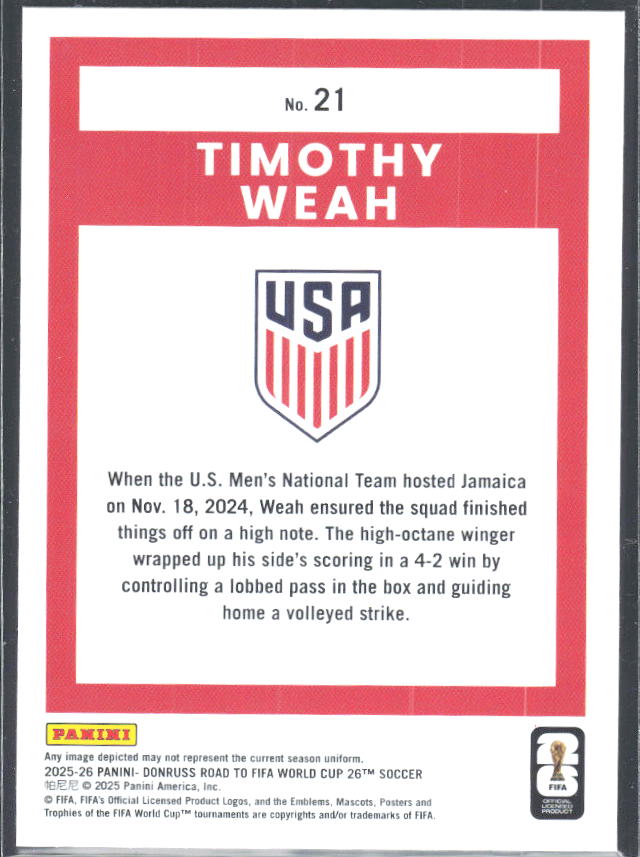 Timothy Weah 2025-26 Donruss Road to FIFA World Cup #21 – baksida