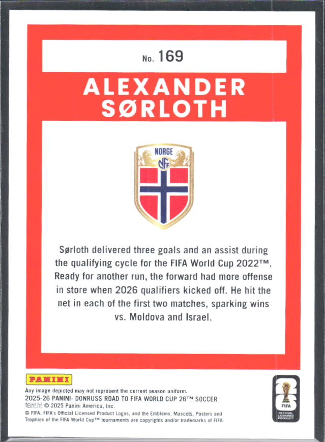 Alexander Sørloth 2025-26 Donruss Road to FIFA World Cup #169 – baksida
