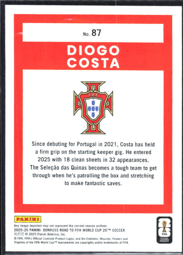 Diogo Costa 2025-26 Donruss Road to FIFA World Cup #87 – baksida