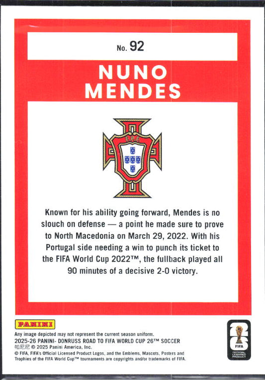 Nuno Mendes 2025-26 Donruss Road to FIFA World Cup #92 – baksida