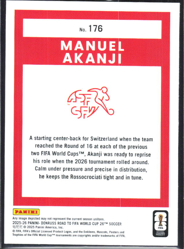 Manuel Akanji 2025-26 Donruss Road to FIFA World Cup #176 – baksida