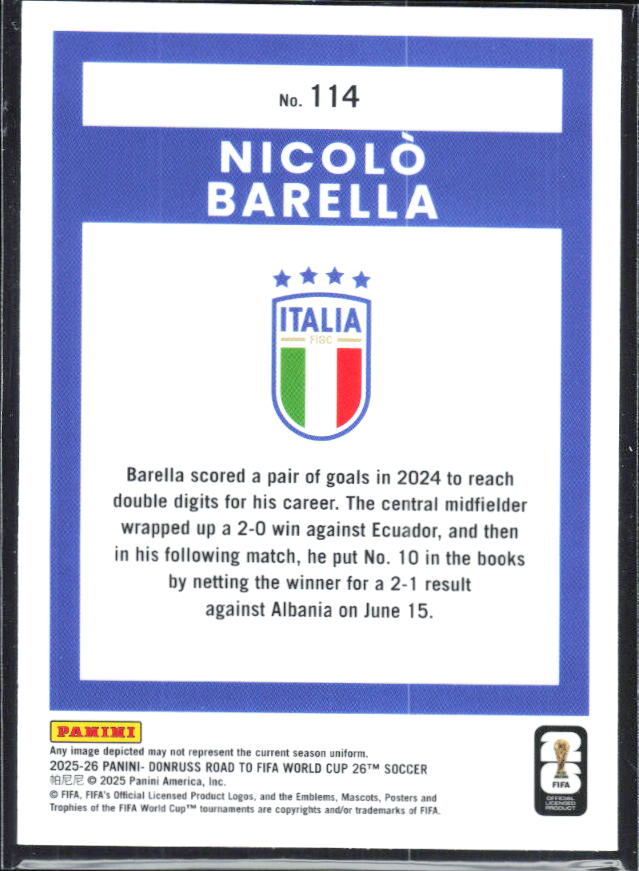 Nicolò Barella 2025-26 Donruss Road to FIFA World Cup Optic #114 – baksida