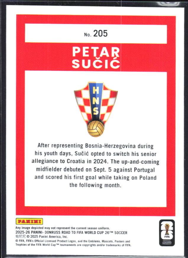 Petar Sučić 2025-26 Donruss Road to FIFA World Cup Rated Rookie #205 – baksida
