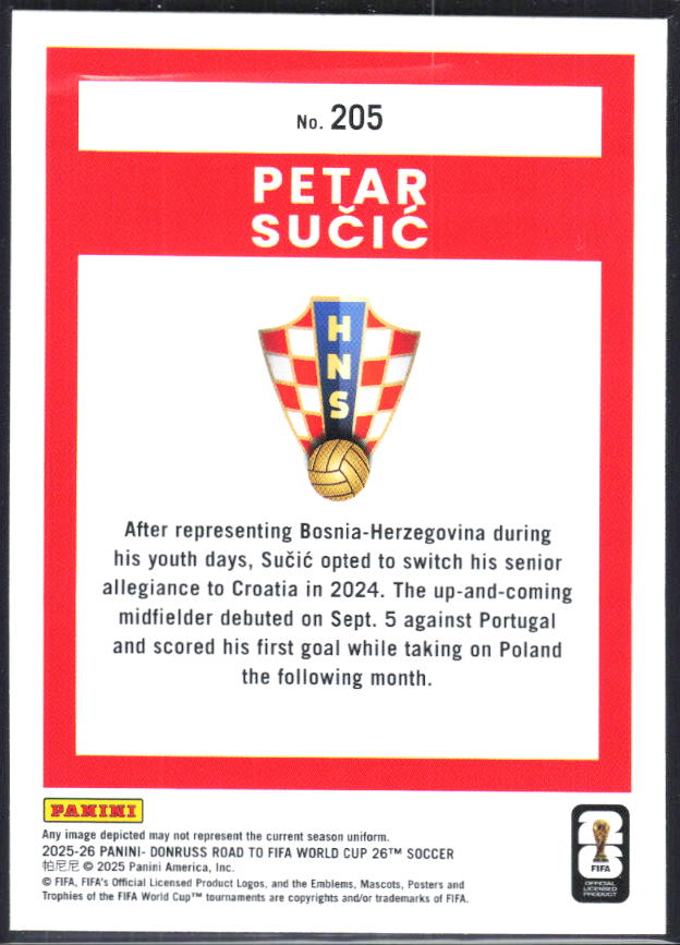 Petar Sučić 2025-26 Donruss Road to FIFA World Cup Rated Rookie #205 – baksida