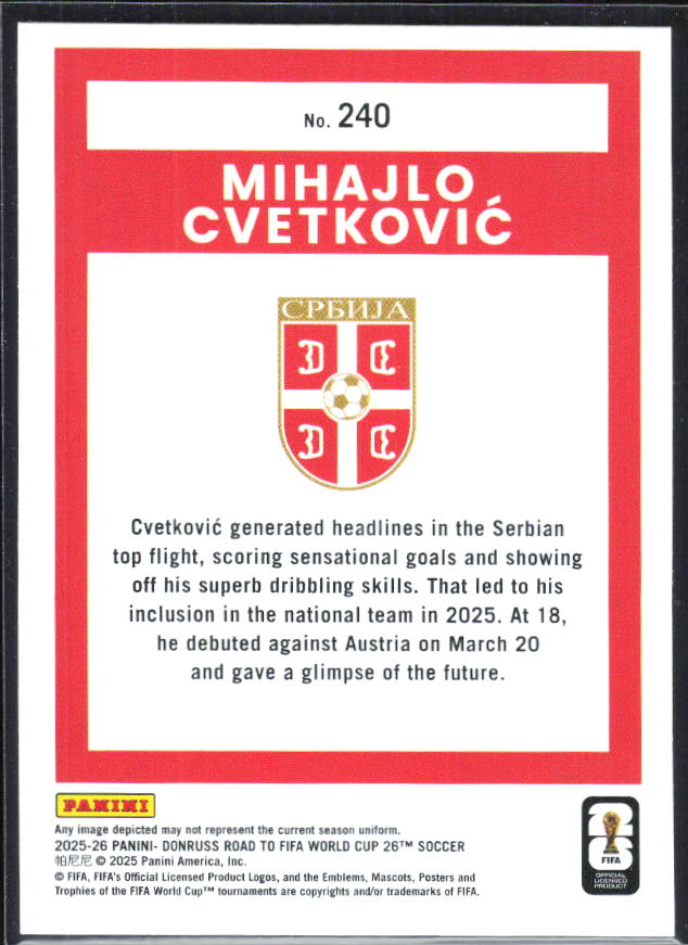 Mihajlo Cvetković 2025-26 Donruss Road to FIFA World Cup Rated Rookie #240 – baksida