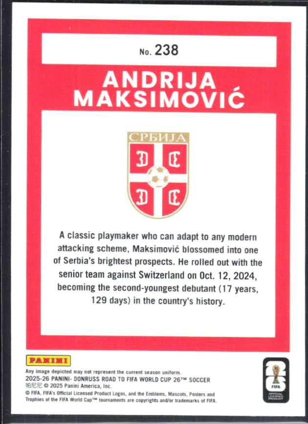 Andrija Maksimović 2025-26 Donruss Road to FIFA WC Optic RC #238 – baksida