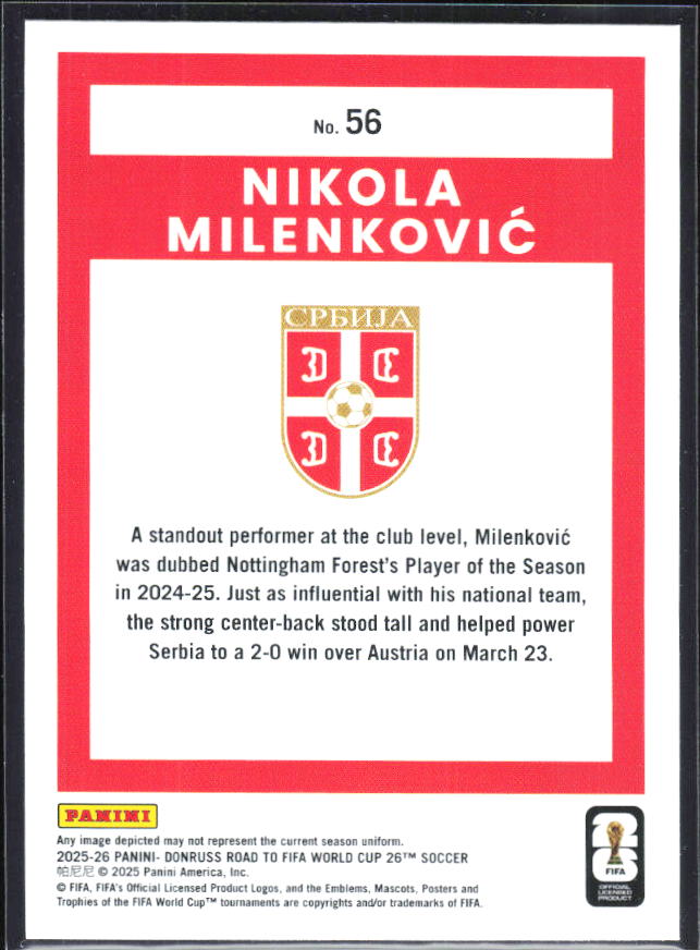 Nikola Milenković 2025-26 Donruss Road to FIFA World Cup #56 – baksida
