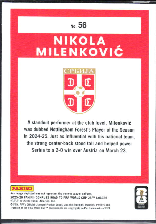 Nikola Milenković 2025-26 Donruss Road to FIFA World Cup Optic #56 – baksida
