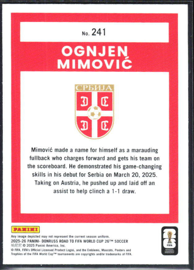 Ognjen Mimović 2025-26 Donruss Road to FIFA World Cup Optic Rated Rookie #241 – baksida
