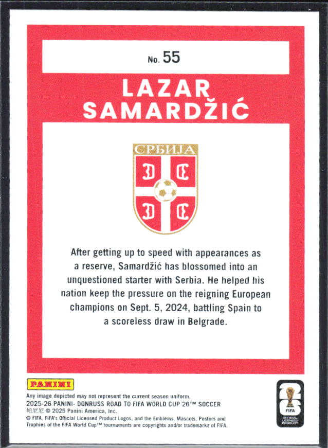 Lazar Samardžić 2025-26 Donruss Road to FIFA World Cup #55 – baksida