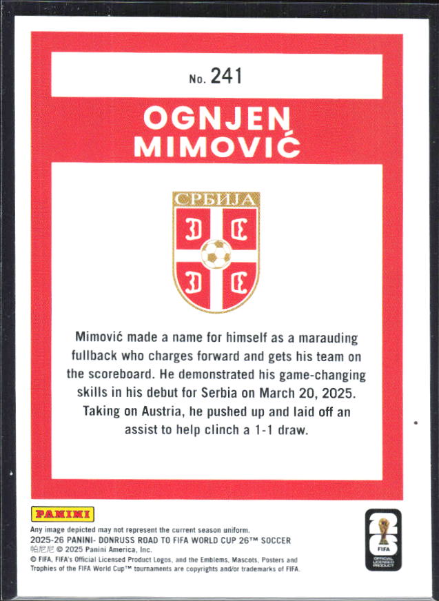 Ognjen Mimović 2025-26 Donruss Road to FIFA World Cup Rated Rookie #241 – baksida