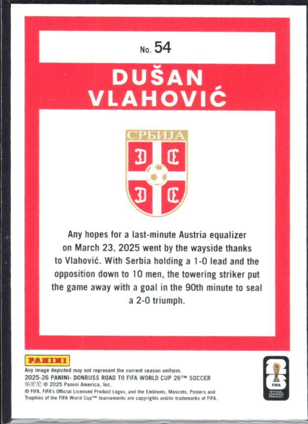 Dušan Vlahović 2025-26 Donruss Road to FIFA World Cup Optic #54 – baksida
