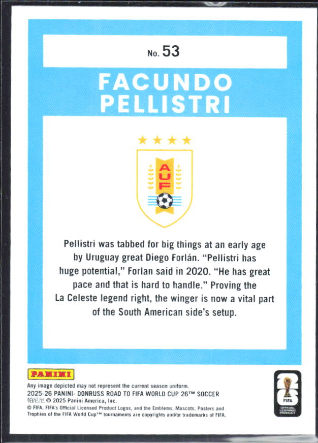 Facundo Pellistri 2025-26 Donruss Road to FIFA World Cup #53 – baksida