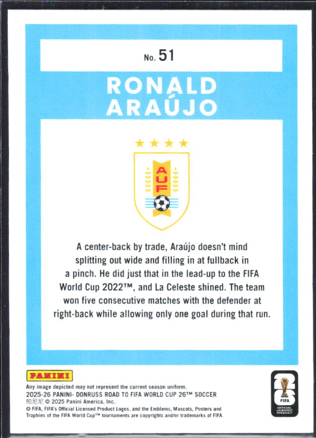 Ronald Araújo 2025-26 Donruss Road to FIFA World Cup #51 – baksida