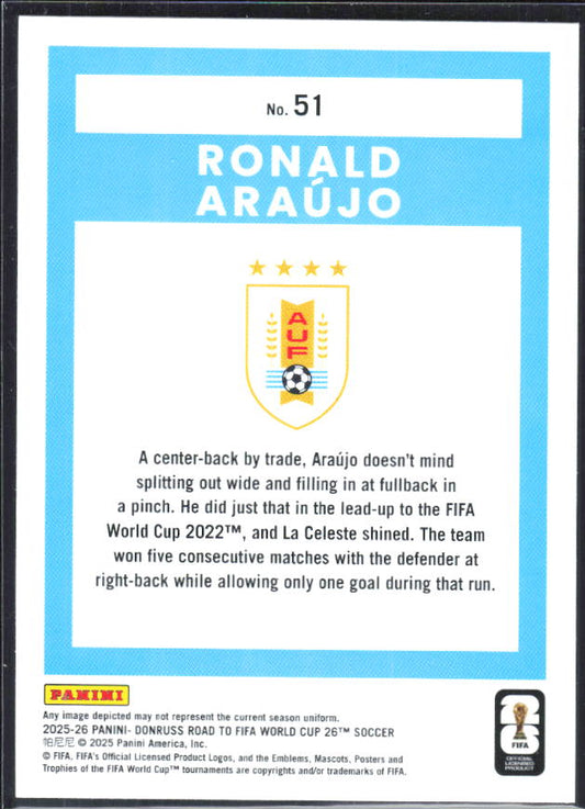Ronald Araújo 2025-26 Donruss Road to FIFA World Cup #51 – baksida