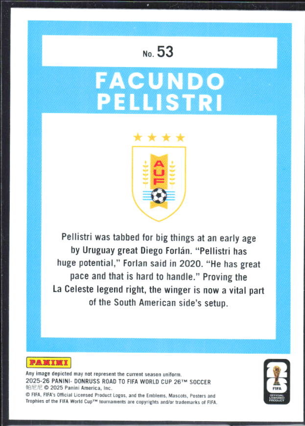 Facundo Pellistri 2025-26 Donruss Road to FIFA World Cup #53 – baksida