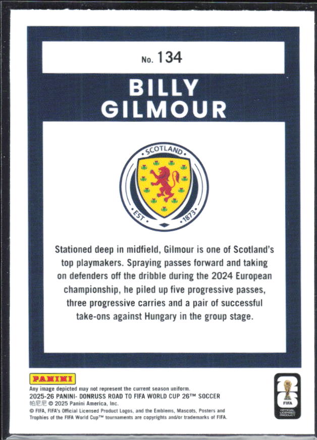 Billy Gilmour 2025-26 Donruss Road to FIFA World Cup Optic #134 – baksida