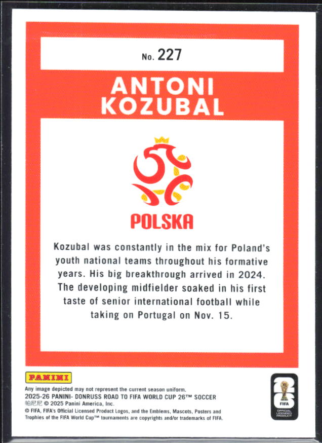 Antoni Kozubal 2025-26 Donruss Road to FIFA World Cup Optic Rated Rookie #227 – baksida