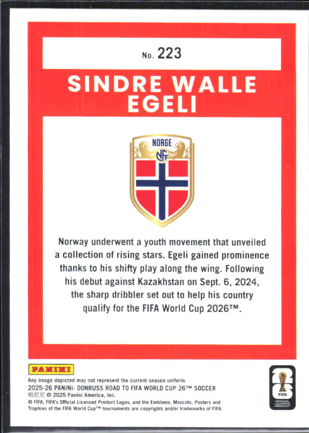 Sindre Walle Egeli 2025-26 Donruss Road to FIFA World Cup Rated Rookie #223 – baksida