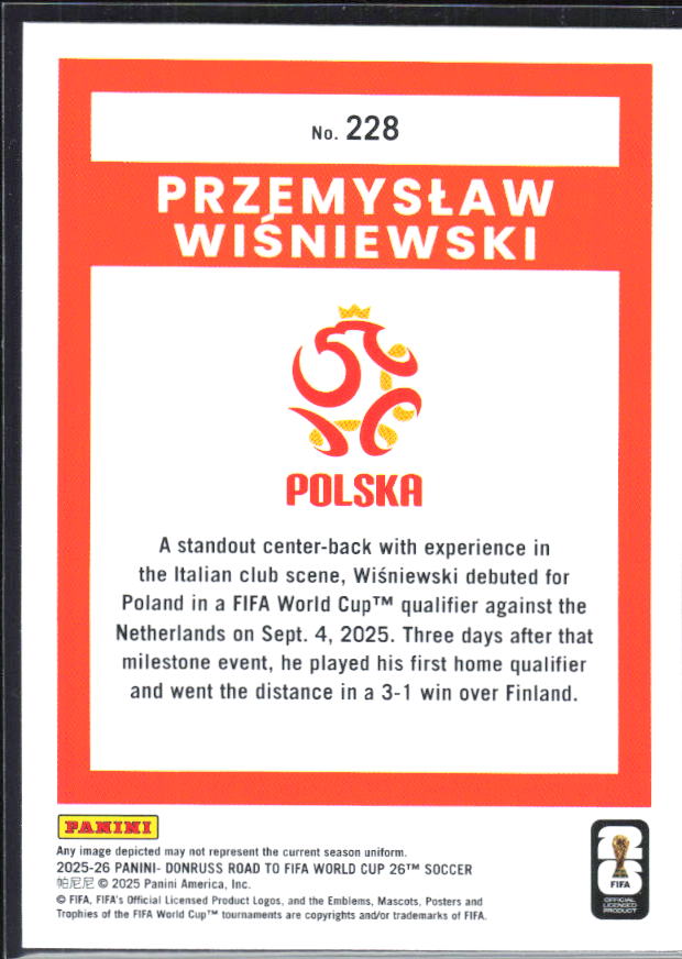 Przemysław Wiśniewski 2025-26 Donruss Road to FIFA World Cup Rated Rookie #228 – baksida