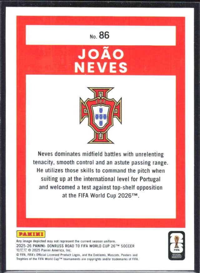 João Neves 2025-26 Donruss Road to FIFA World Cup #86 – baksida
