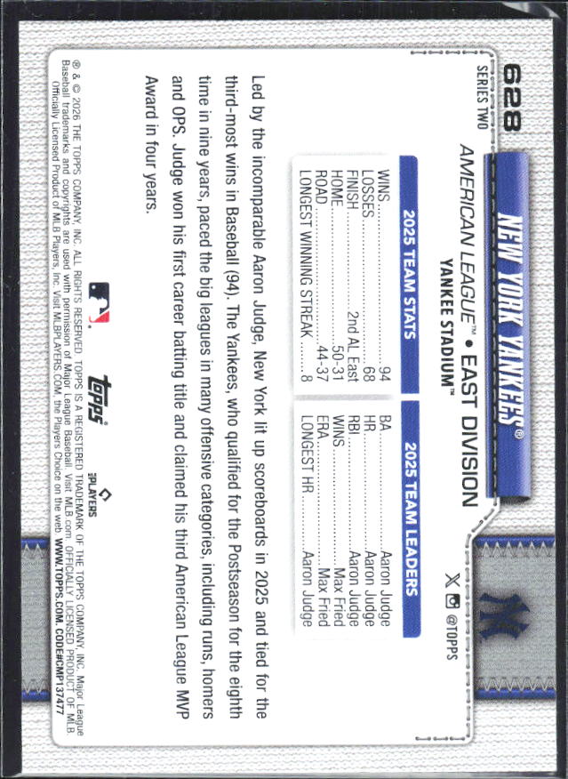 New York Yankees 2026 Series 2 Team Card #628 – baksida