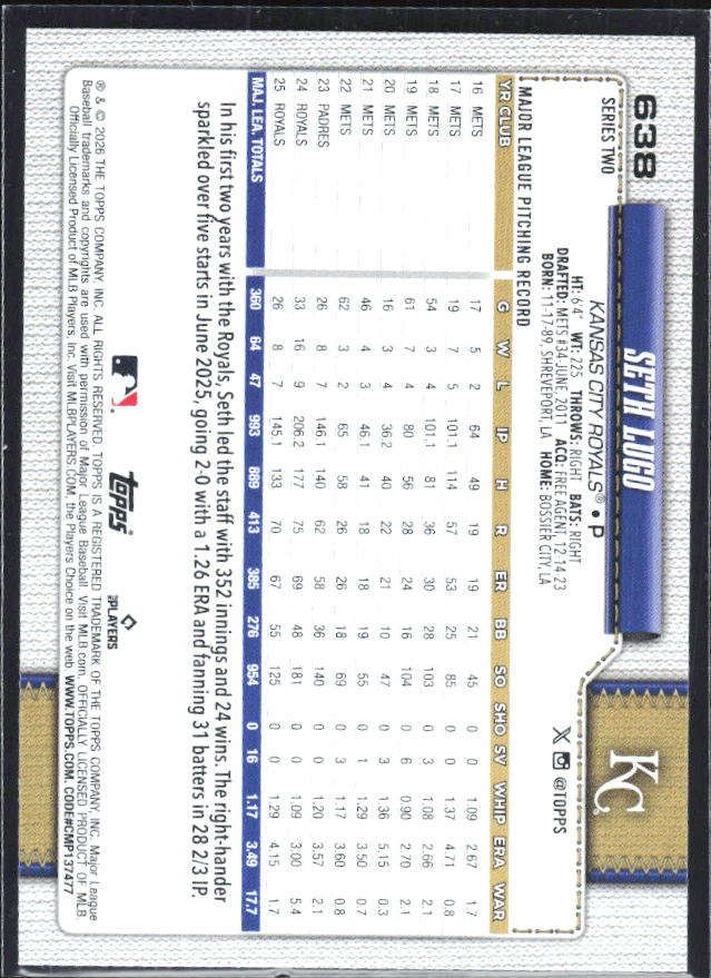 Seth Lugo 2026 Series 2 #638 – baksida