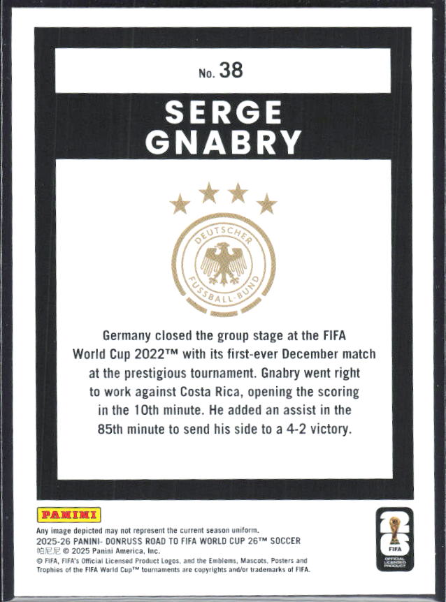 Serge Gnabry 2025-26 Donruss Road to FIFA World Cup #38 – baksida