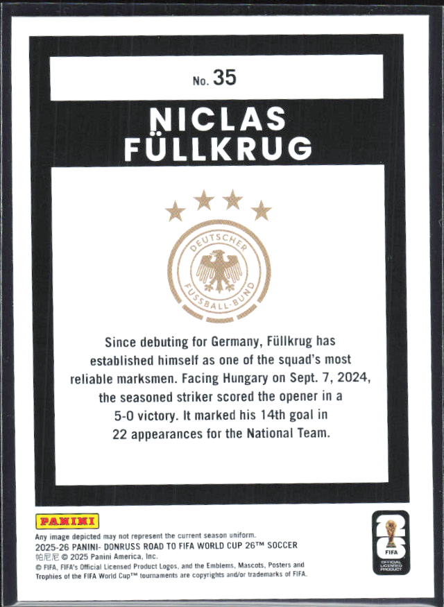 Niclas Füllkrug 2025-26 Donruss Road to FIFA World Cup #35 – baksida