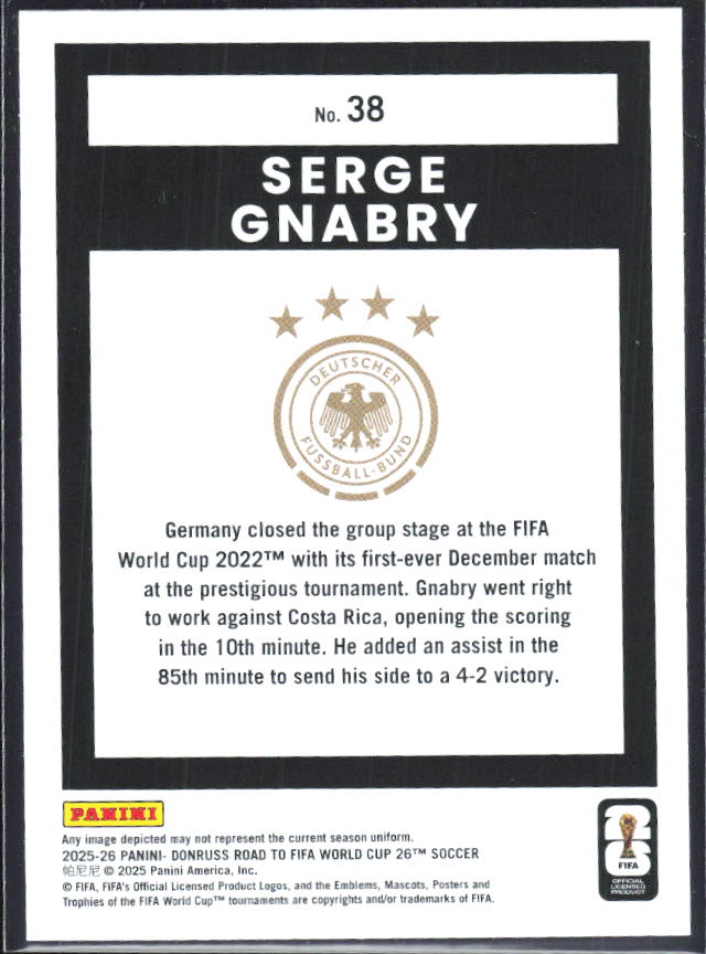 Serge Gnabry 2025-26 Donruss Road to FIFA World Cup #38 – baksida