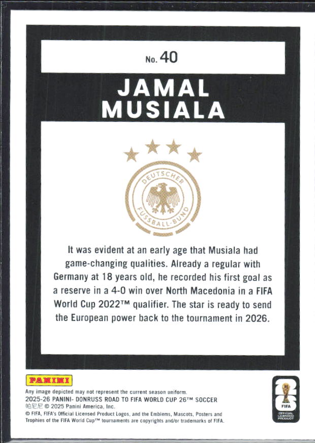 Jamal Musiala 2025-26 Donruss Road to FIFA World Cup #40 – baksida