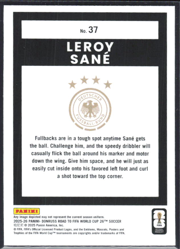 Leroy Sané 2025-26 Donruss Road to FIFA World Cup Optic #37 – baksida